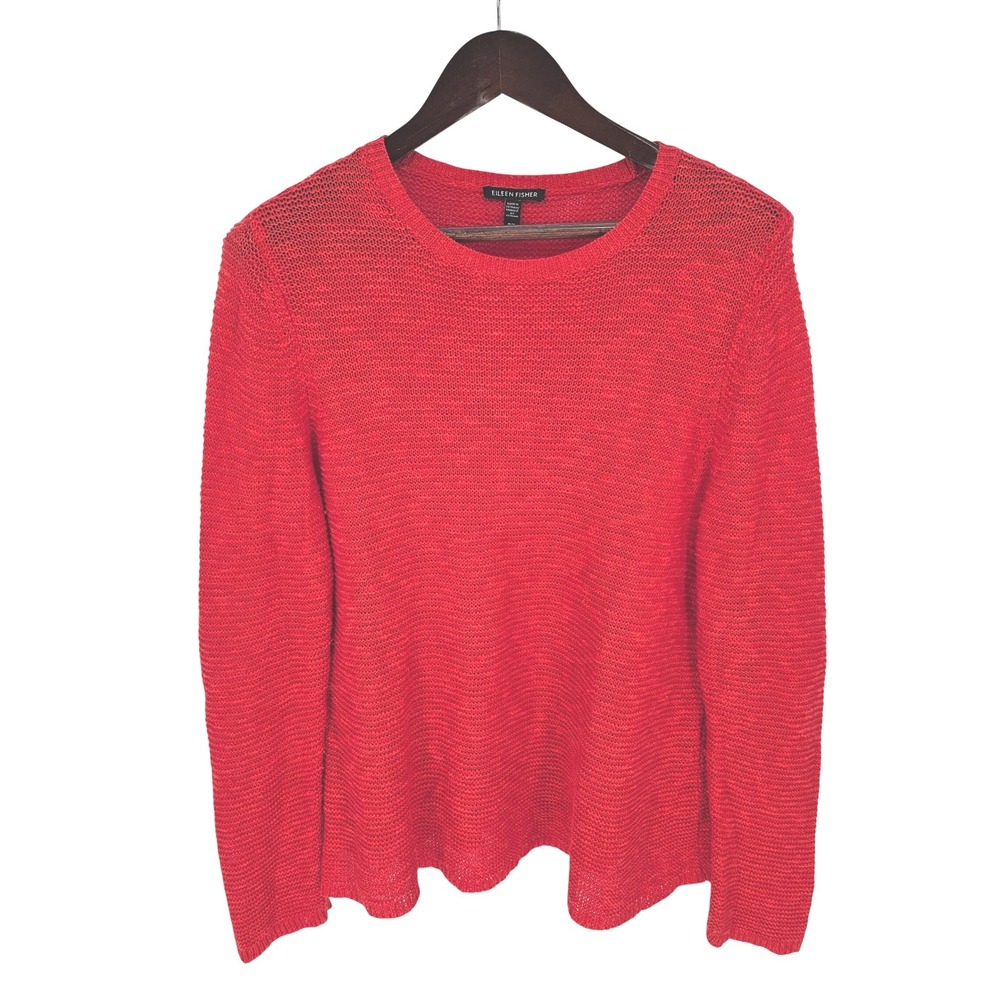 Eileen Fisher Red Orange Organic Linen Cotton Open Weave Crew Neck Sweater M